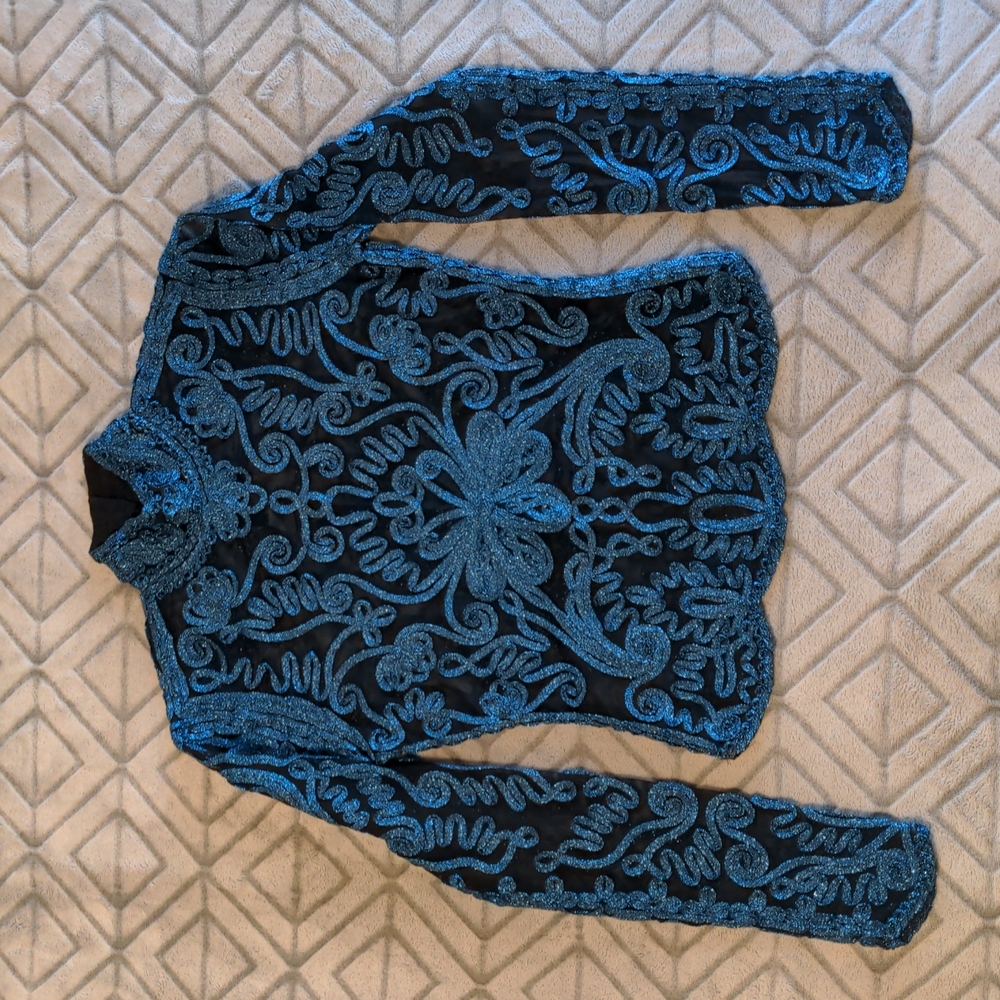Vintage Cache Sparkly Blue and Black Blouse